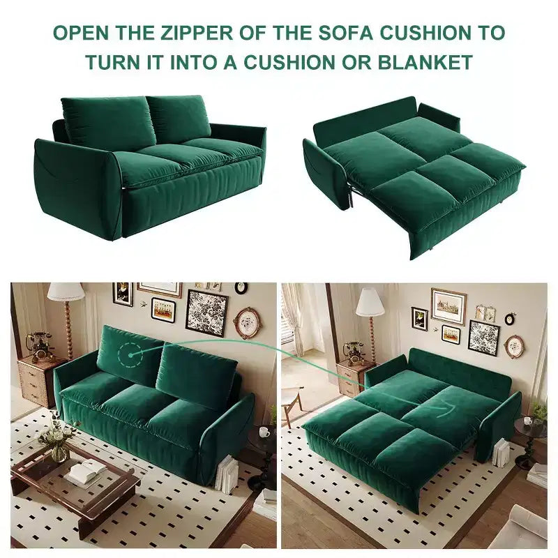 Canapé-lit convertible en velours beige/noir/vert, futon 2 places avec lit gigogne