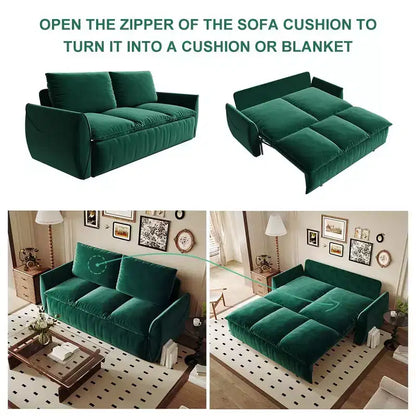 Canapé-lit convertible en velours beige/noir/vert, futon 2 places avec lit gigogne