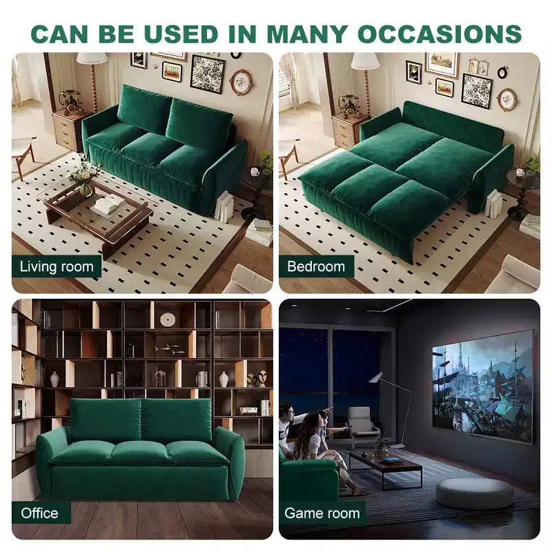 Canapé-lit convertible en velours beige/noir/vert, futon 2 places avec lit gigogne