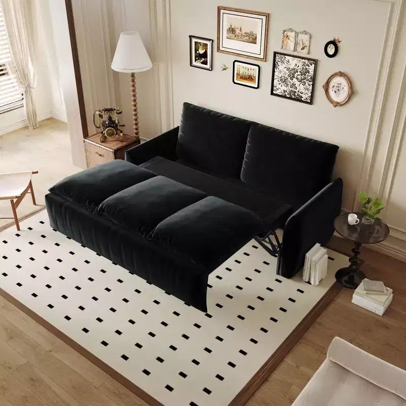 Canapé-lit convertible en velours beige/noir/vert, futon 2 places avec lit gigogne
