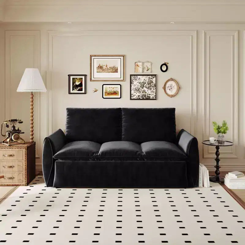 Canapé-lit convertible en velours beige/noir/vert, futon 2 places avec lit gigogne