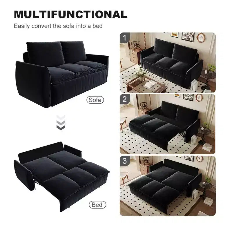 Canapé-lit convertible en velours beige/noir/vert, futon 2 places avec lit gigogne