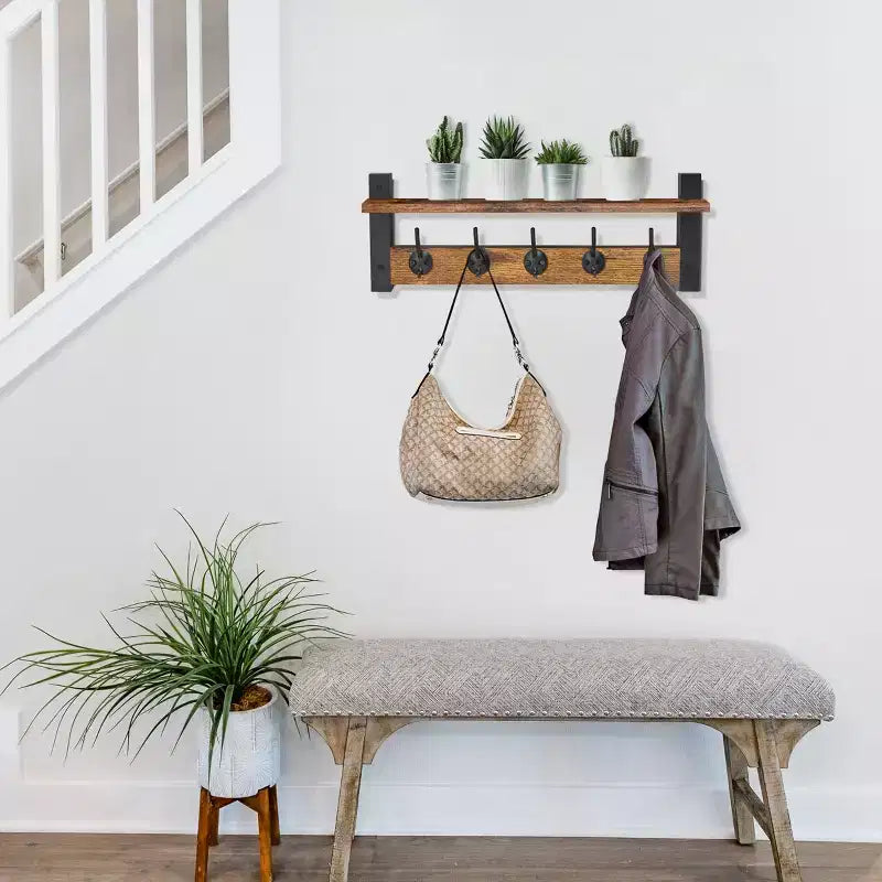 Étagère porte-manteau murale avec 5 crochets doubles – Noir / Marron / Gris / Érable / Blanc