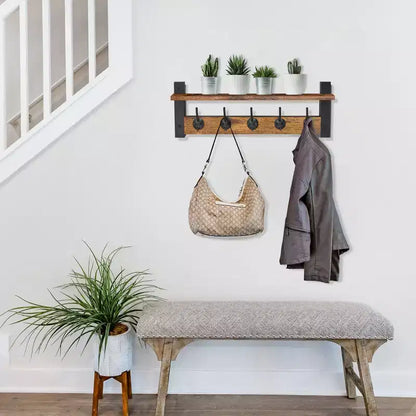 Étagère porte-manteau murale avec 5 crochets doubles – Noir / Marron / Gris / Érable / Blanc