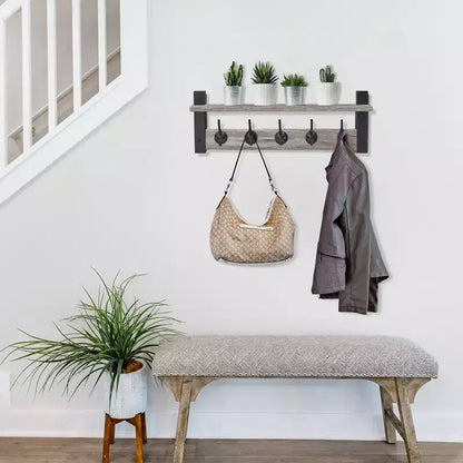 Étagère porte-manteau murale avec 5 crochets doubles – Noir / Marron / Gris / Érable / Blanc