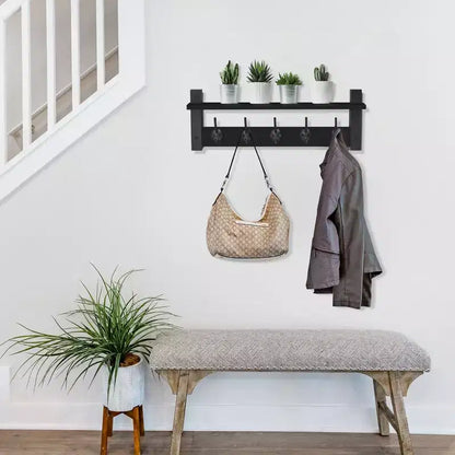 Étagère porte-manteau murale avec 5 crochets doubles – Noir / Marron / Gris / Érable / Blanc