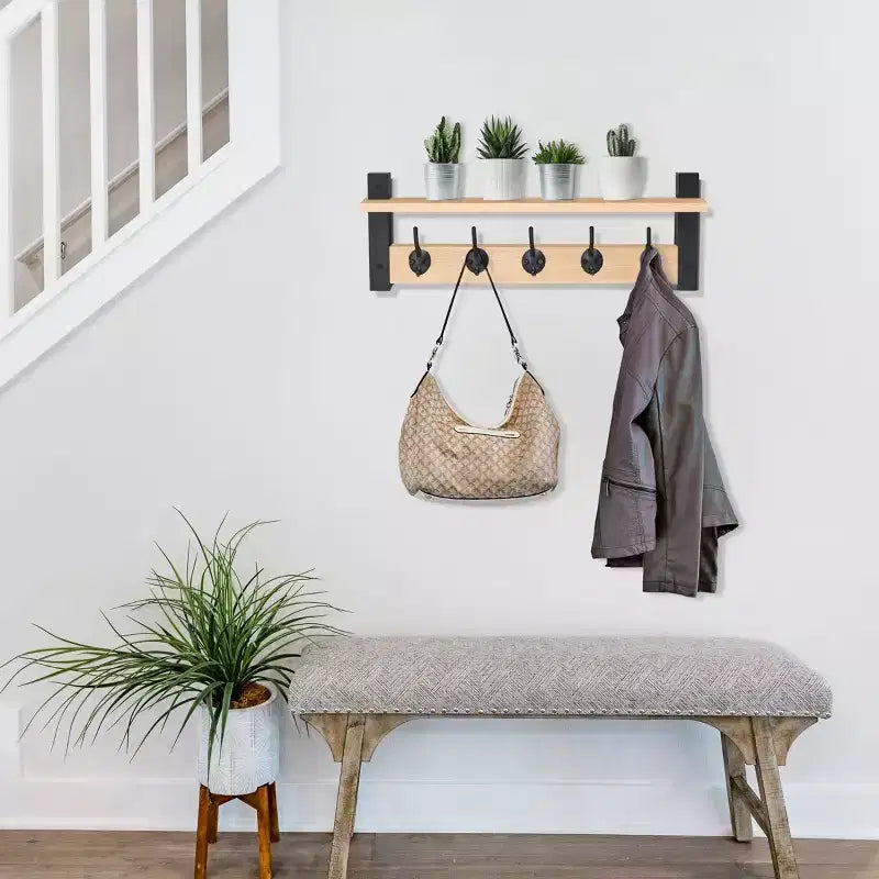 Étagère porte-manteau murale avec 5 crochets doubles – Noir / Marron / Gris / Érable / Blanc