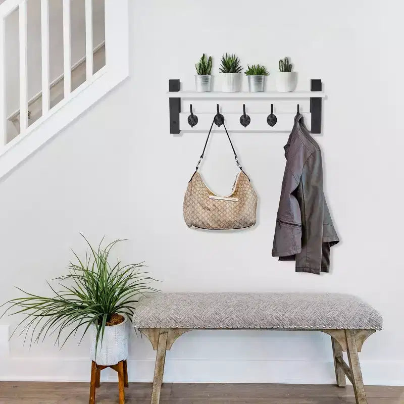 Étagère porte-manteau murale avec 5 crochets doubles – Noir / Marron / Gris / Érable / Blanc