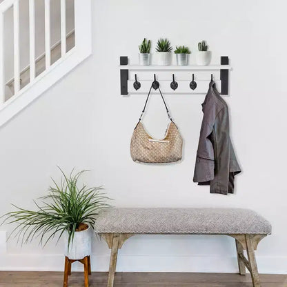 Étagère porte-manteau murale avec 5 crochets doubles – Noir / Marron / Gris / Érable / Blanc