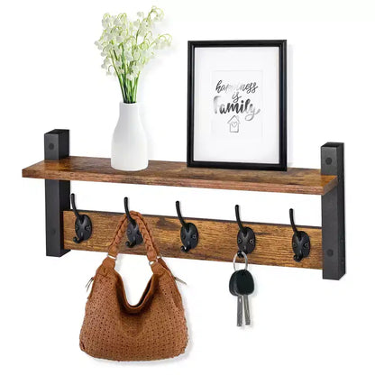 Étagère porte-manteau murale avec 5 crochets doubles – Noir / Marron / Gris / Érable / Blanc
