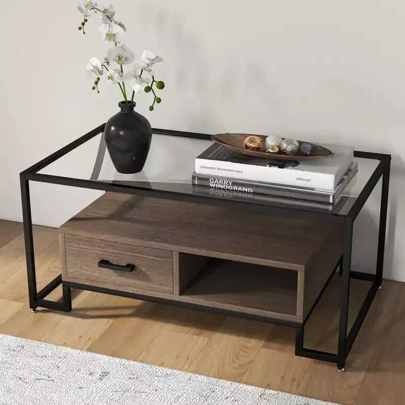 Table Basse Rectangulaire Noire et Marron Rustique, Plateau en Verre Trempé, 2 Tiroirs et Étagère de Rangement