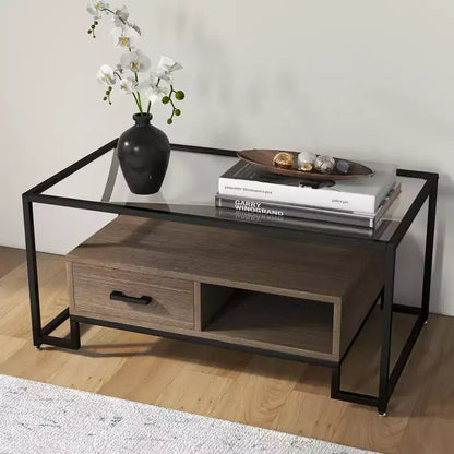 Table Basse Rectangulaire Noire et Marron Rustique, Plateau en Verre Trempé, 2 Tiroirs et Étagère de Rangement