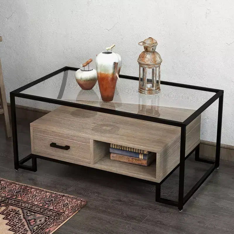 Table Basse Rectangulaire Noire et Marron Rustique, Plateau en Verre Trempé, 2 Tiroirs et Étagère de Rangement