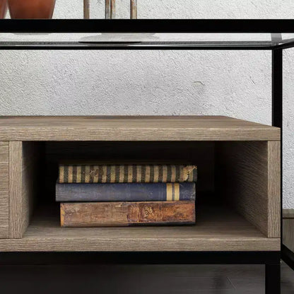 Table Basse Rectangulaire Noire et Marron Rustique, Plateau en Verre Trempé, 2 Tiroirs et Étagère de Rangement