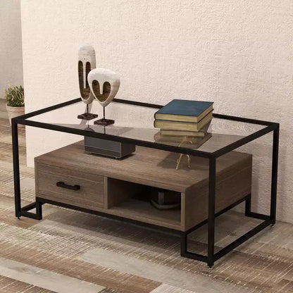 Table Basse Rectangulaire Noire et Marron Rustique, Plateau en Verre Trempé, 2 Tiroirs et Étagère de Rangement