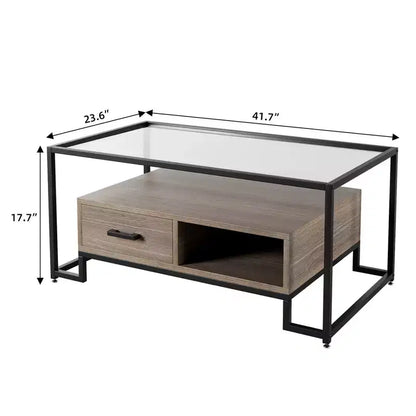 Table Basse Rectangulaire Noire et Marron Rustique, Plateau en Verre Trempé, 2 Tiroirs et Étagère de Rangement