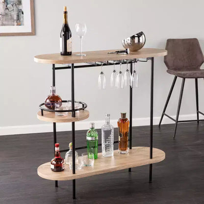 Chariot de bar à vin à 3 niveaux noir et naturel avec porte-verres, assemblage par 1 personne