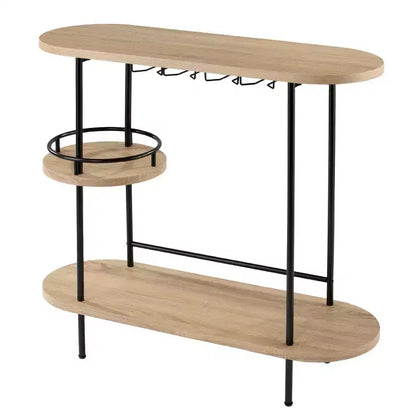 Chariot de bar à vin à 3 niveaux noir et naturel avec porte-verres, assemblage par 1 personne