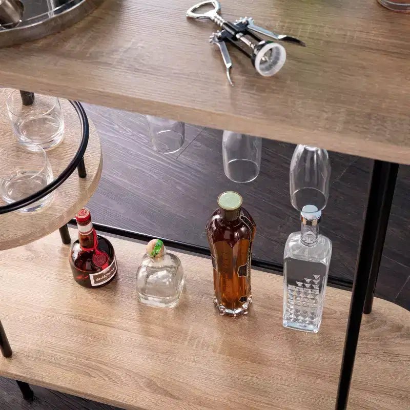 Chariot de bar à vin à 3 niveaux noir et naturel avec porte-verres, assemblage par 1 personne