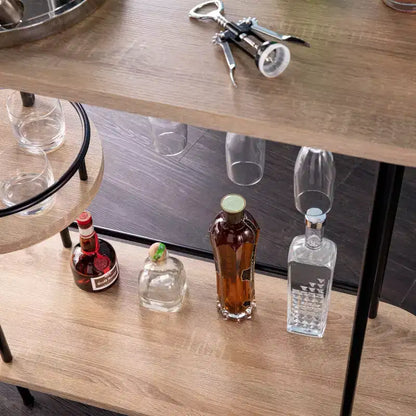 Chariot de bar à vin à 3 niveaux noir et naturel avec porte-verres, assemblage par 1 personne