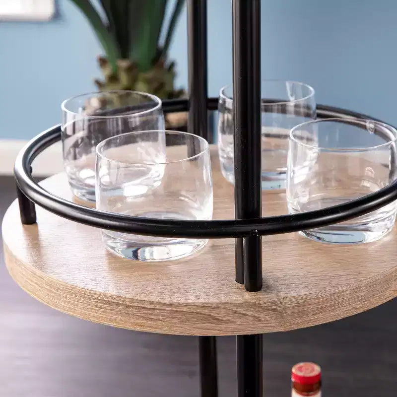 Chariot de bar à vin à 3 niveaux noir et naturel avec porte-verres, assemblage par 1 personne