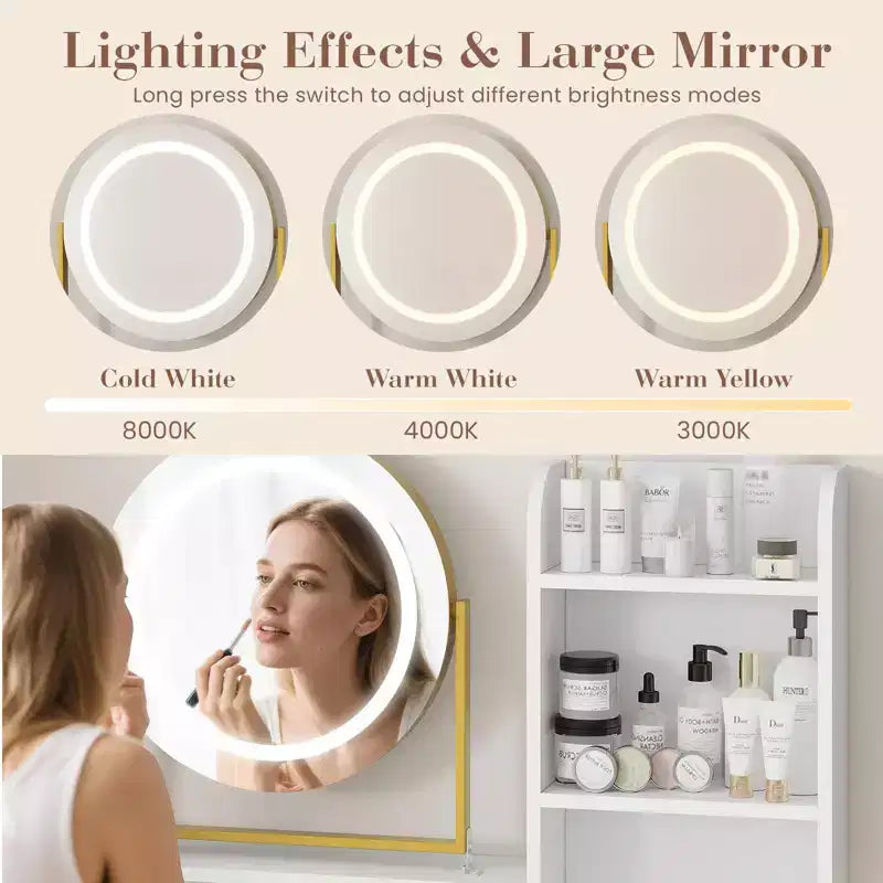 Coiffeuse lumineuse blanche et noire / blanche et or avec miroir rotatif, 3 couleurs d'éclairage et rangement – 1 personne