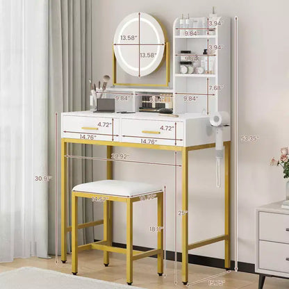 Coiffeuse lumineuse blanche et noire / blanche et or avec miroir rotatif, 3 couleurs d'éclairage et rangement – 1 personne