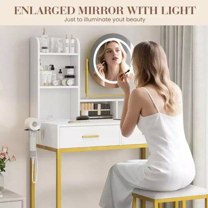 Coiffeuse lumineuse blanche et noire / blanche et or avec miroir rotatif, 3 couleurs d'éclairage et rangement – 1 personne