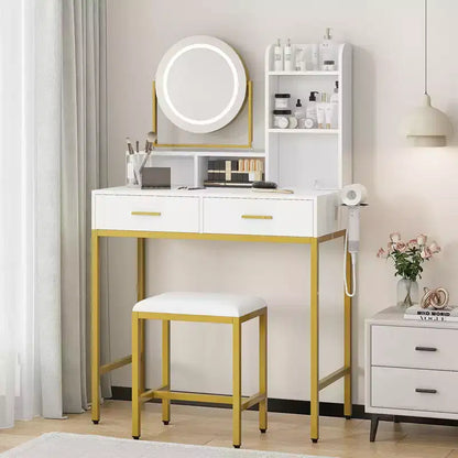 Coiffeuse lumineuse blanche et noire / blanche et or avec miroir rotatif, 3 couleurs d'éclairage et rangement – 1 personne