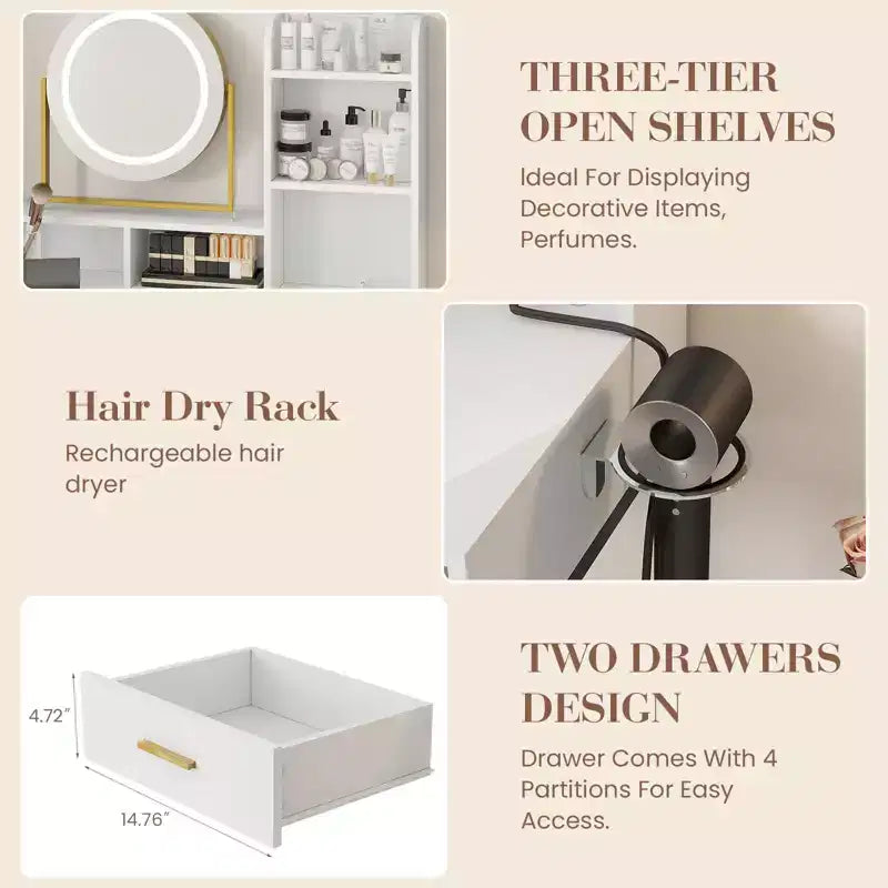Coiffeuse lumineuse blanche et noire / blanche et or avec miroir rotatif, 3 couleurs d'éclairage et rangement – 1 personne