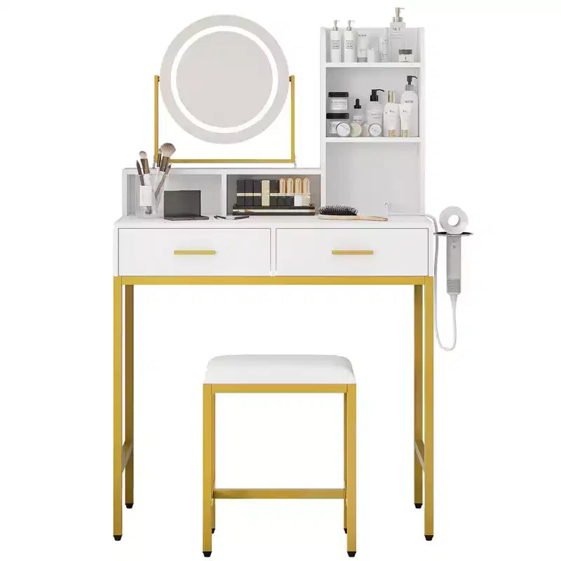 Coiffeuse lumineuse blanche et noire / blanche et or avec miroir rotatif, 3 couleurs d'éclairage et rangement – 1 personne