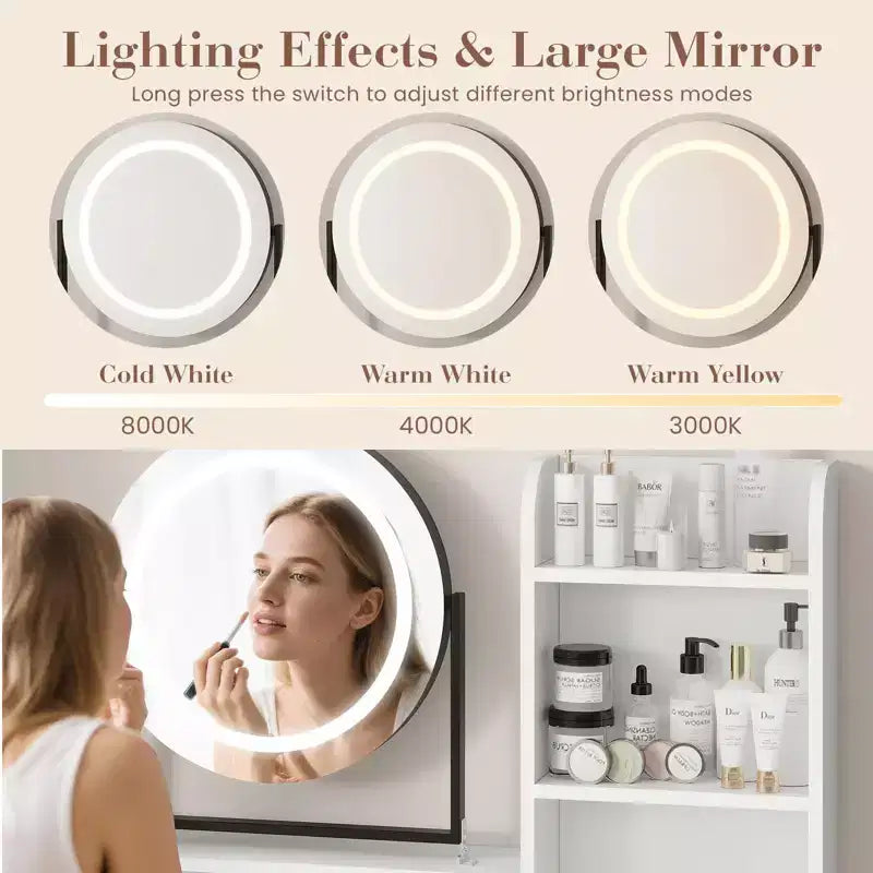 Coiffeuse lumineuse blanche et noire / blanche et or avec miroir rotatif, 3 couleurs d'éclairage et rangement – 1 personne