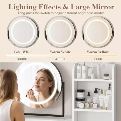 Coiffeuse lumineuse blanche et noire / blanche et or avec miroir rotatif, 3 couleurs d'éclairage et rangement – 1 personne