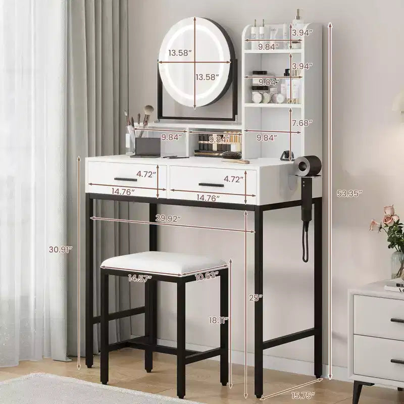 Coiffeuse lumineuse blanche et noire / blanche et or avec miroir rotatif, 3 couleurs d'éclairage et rangement – 1 personne