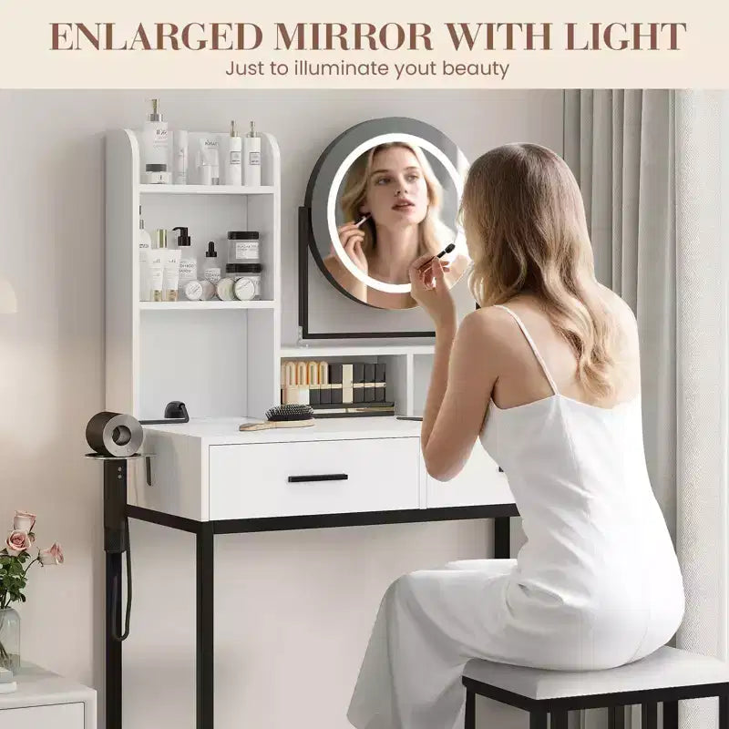 Coiffeuse lumineuse blanche et noire / blanche et or avec miroir rotatif, 3 couleurs d'éclairage et rangement – 1 personne