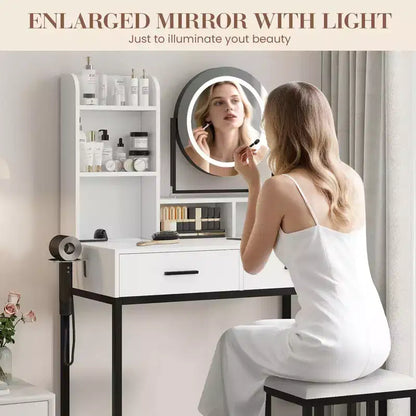 Coiffeuse lumineuse blanche et noire / blanche et or avec miroir rotatif, 3 couleurs d'éclairage et rangement – 1 personne