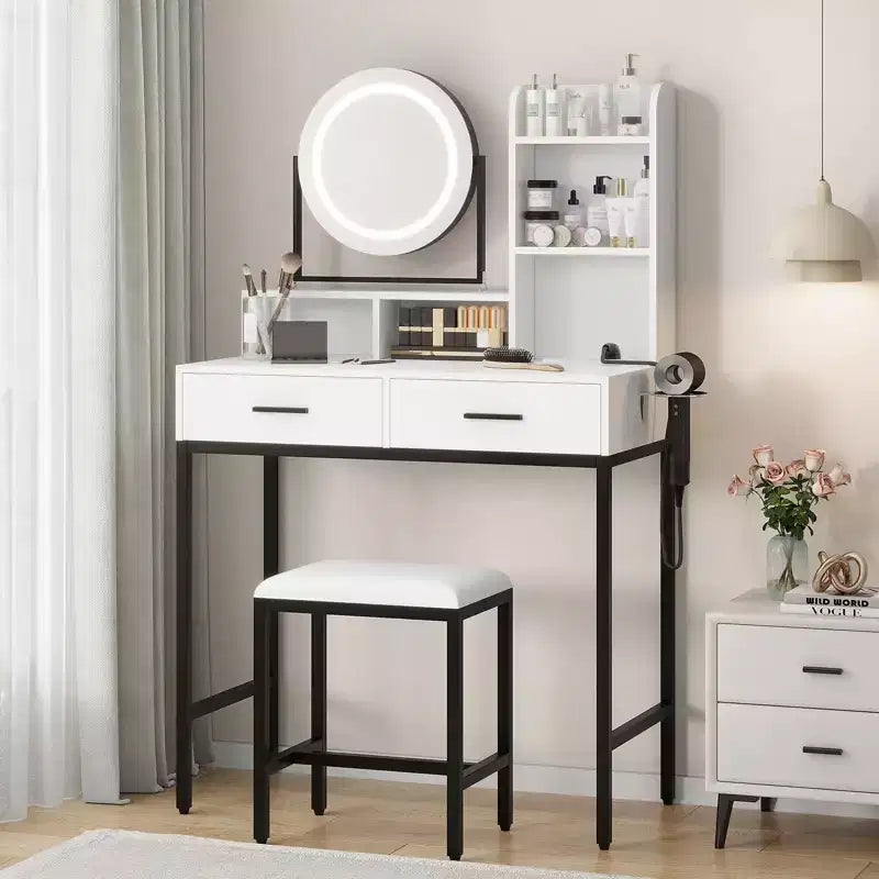 Coiffeuse lumineuse blanche et noire / blanche et or avec miroir rotatif, 3 couleurs d'éclairage et rangement – 1 personne