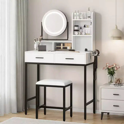 Coiffeuse lumineuse blanche et noire / blanche et or avec miroir rotatif, 3 couleurs d'éclairage et rangement – 1 personne