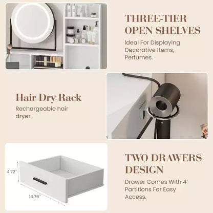 Coiffeuse lumineuse blanche et noire / blanche et or avec miroir rotatif, 3 couleurs d'éclairage et rangement – 1 personne