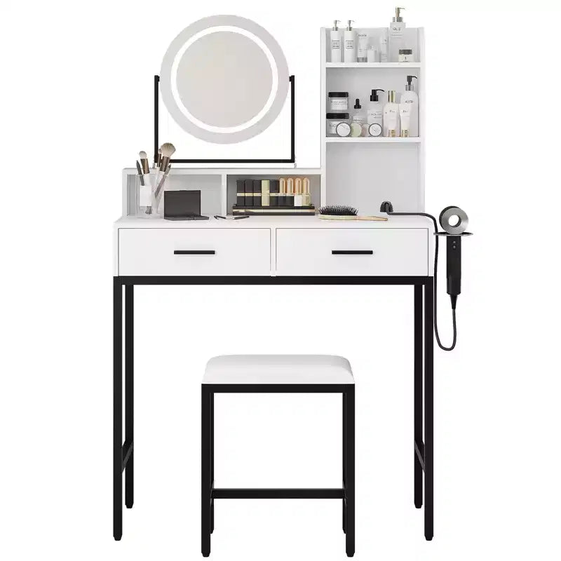 Coiffeuse lumineuse blanche et noire / blanche et or avec miroir rotatif, 3 couleurs d'éclairage et rangement – 1 personne