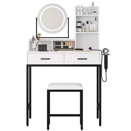 Coiffeuse lumineuse blanche et noire / blanche et or avec miroir rotatif, 3 couleurs d'éclairage et rangement – 1 personne