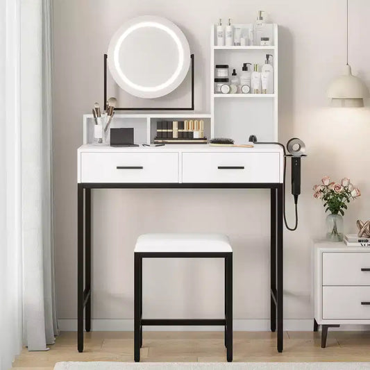 GustoWave Modern Vanity Desk with Adjustable Rotating Mirror, 3 Color Light, Makeup Table with Storage for Bedroom