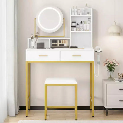 Coiffeuse lumineuse blanche et noire / blanche et or avec miroir rotatif, 3 couleurs d'éclairage et rangement – 1 personne