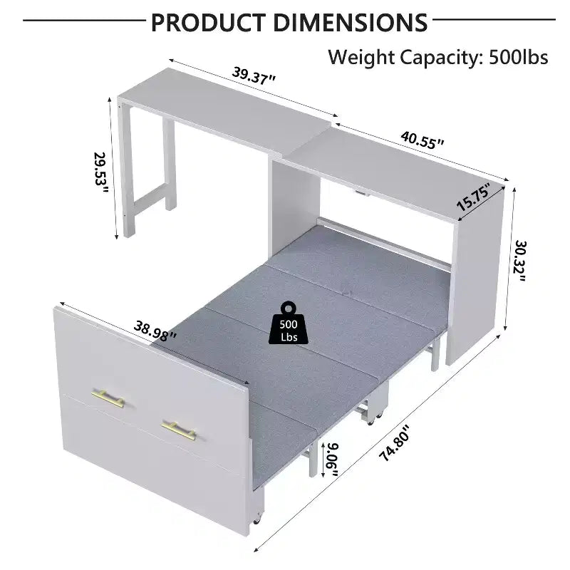 Lit escamotable double blanc Murphy avec bureau et commode, 1 personne