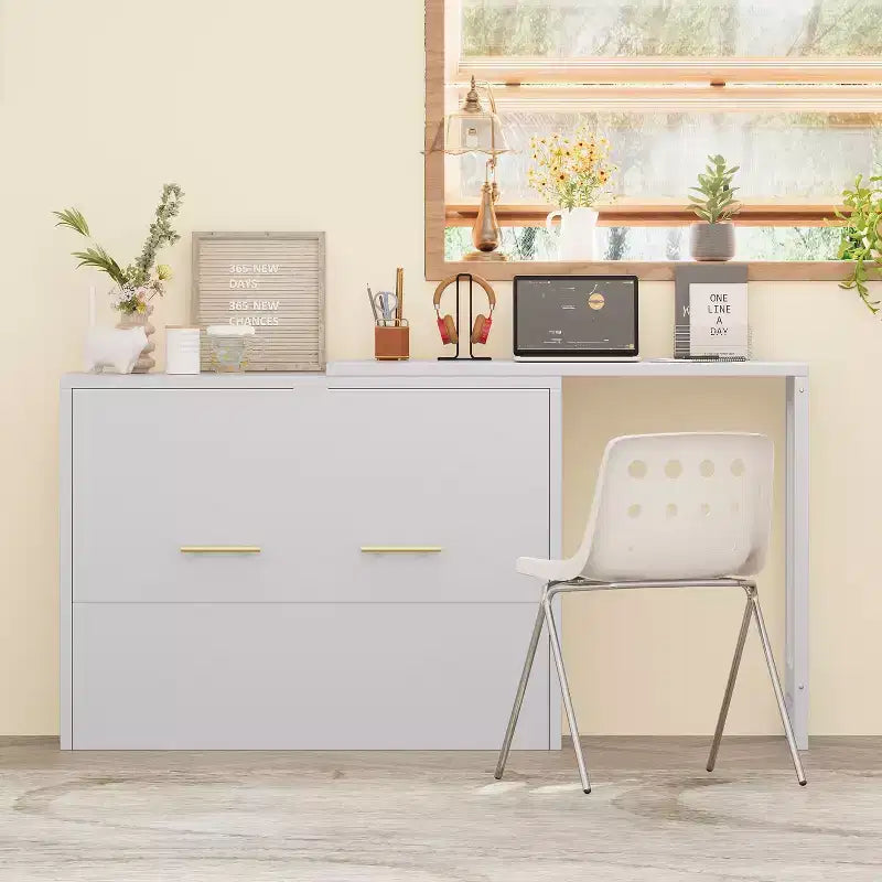Lit escamotable double blanc Murphy avec bureau et commode, 1 personne