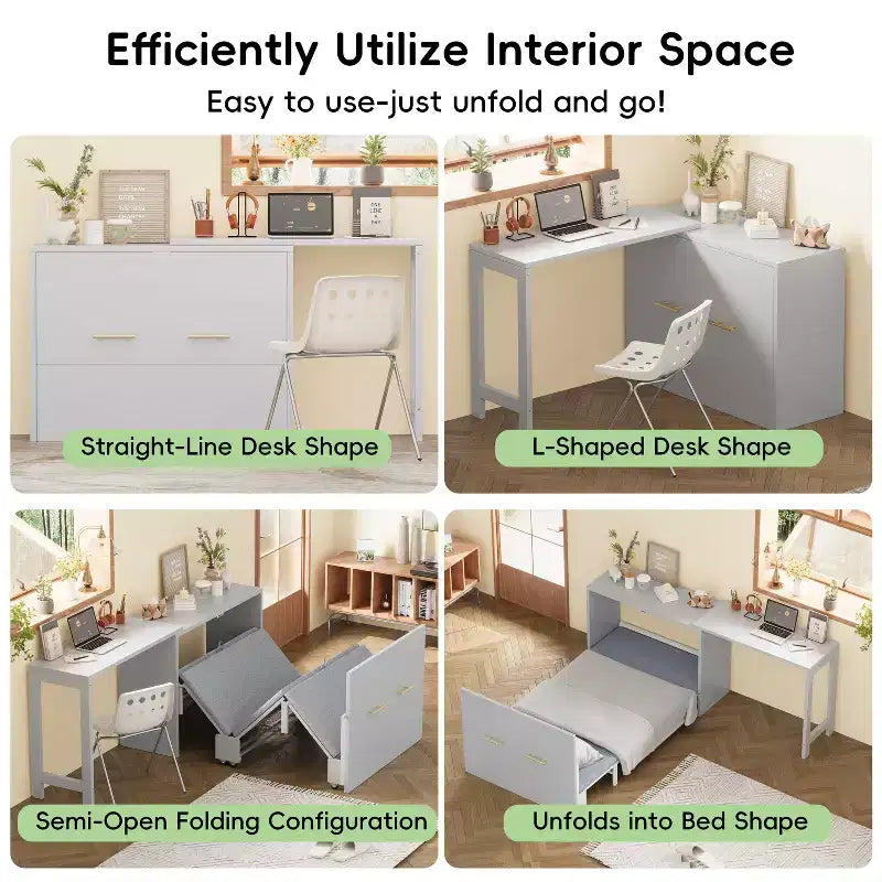 Lit escamotable double blanc Murphy avec bureau et commode, 1 personne
