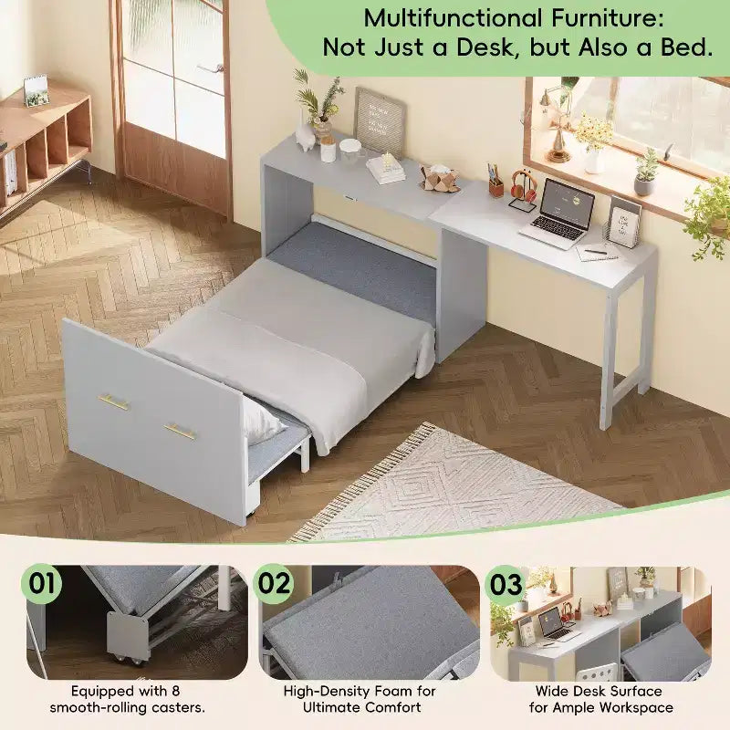 Lit escamotable double blanc Murphy avec bureau et commode, 1 personne