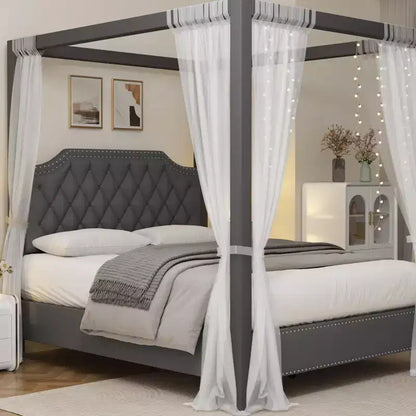 Cadre de lit à baldaquin en velours beige/gris, tête de lit capitonnée avec clous, capacité de 544 kg, lit double/Queen
