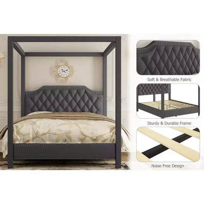 Cadre de lit à baldaquin en velours beige/gris, tête de lit capitonnée avec clous, capacité de 544 kg, lit double/Queen