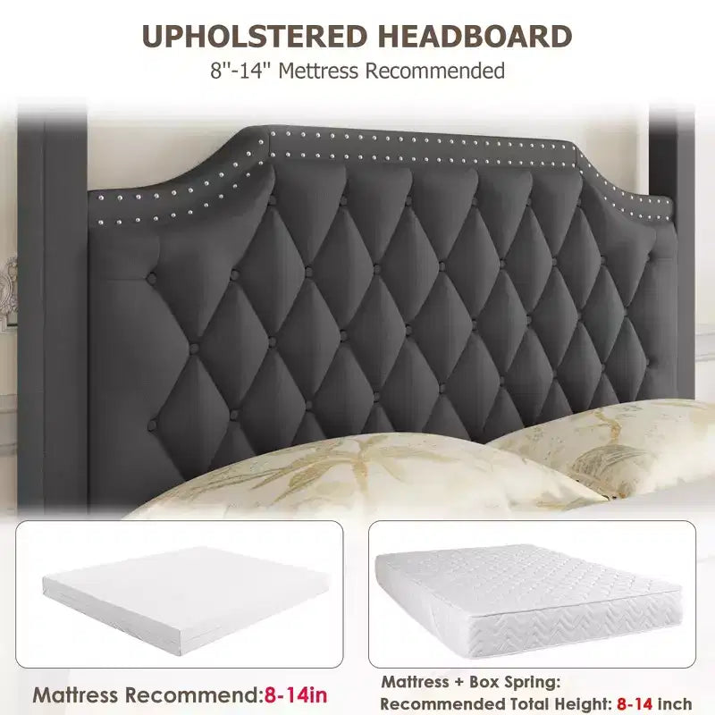 Cadre de lit à baldaquin en velours beige/gris, tête de lit capitonnée avec clous, capacité de 544 kg, lit double/Queen